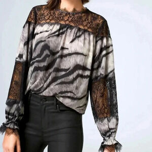{White House Black Market} Black Grey Lace Trim Zebra Print Blouse- XS